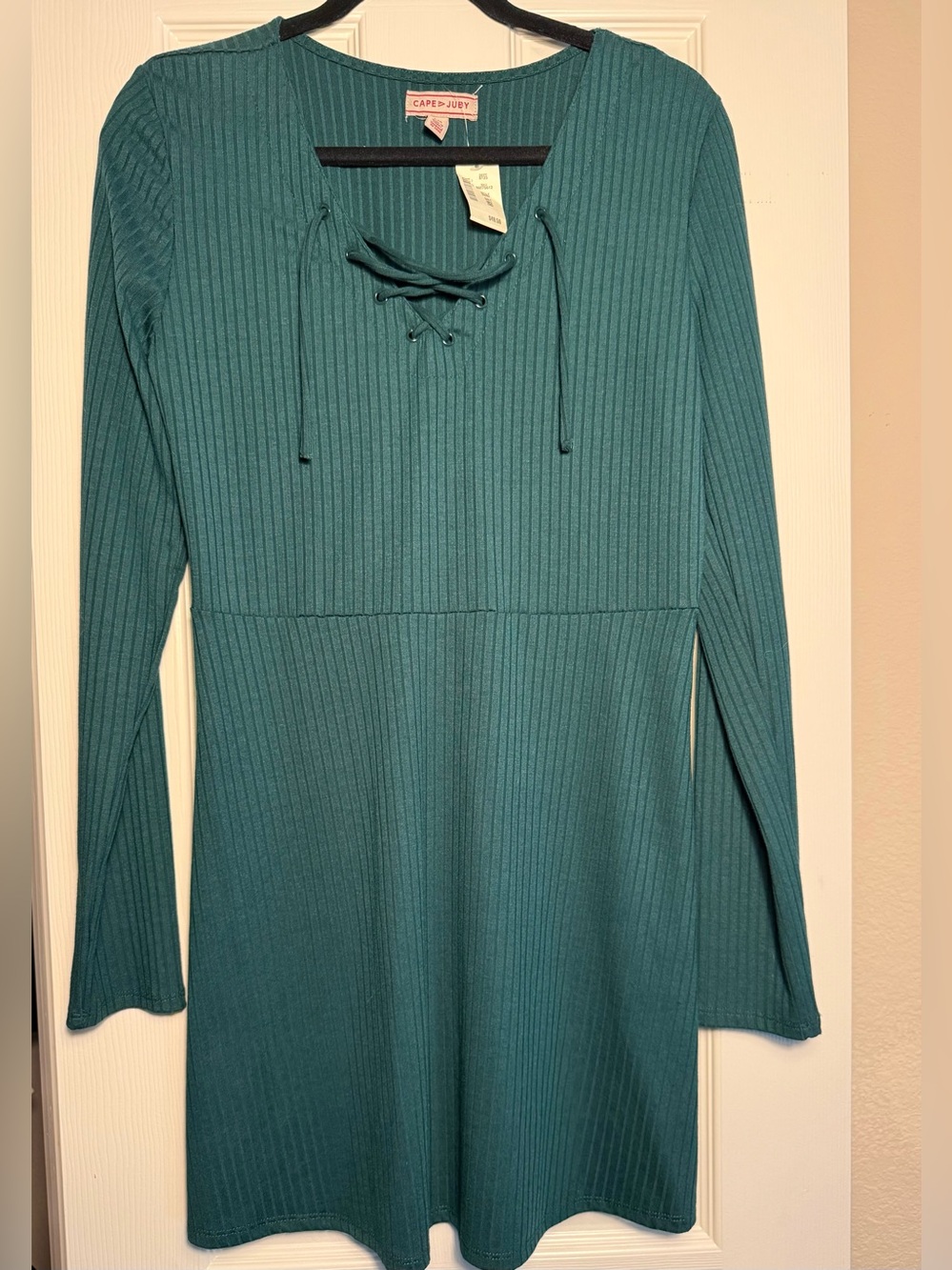 Cape Juby Dark Teal Long Sleeve Lace-Up Knit Dress